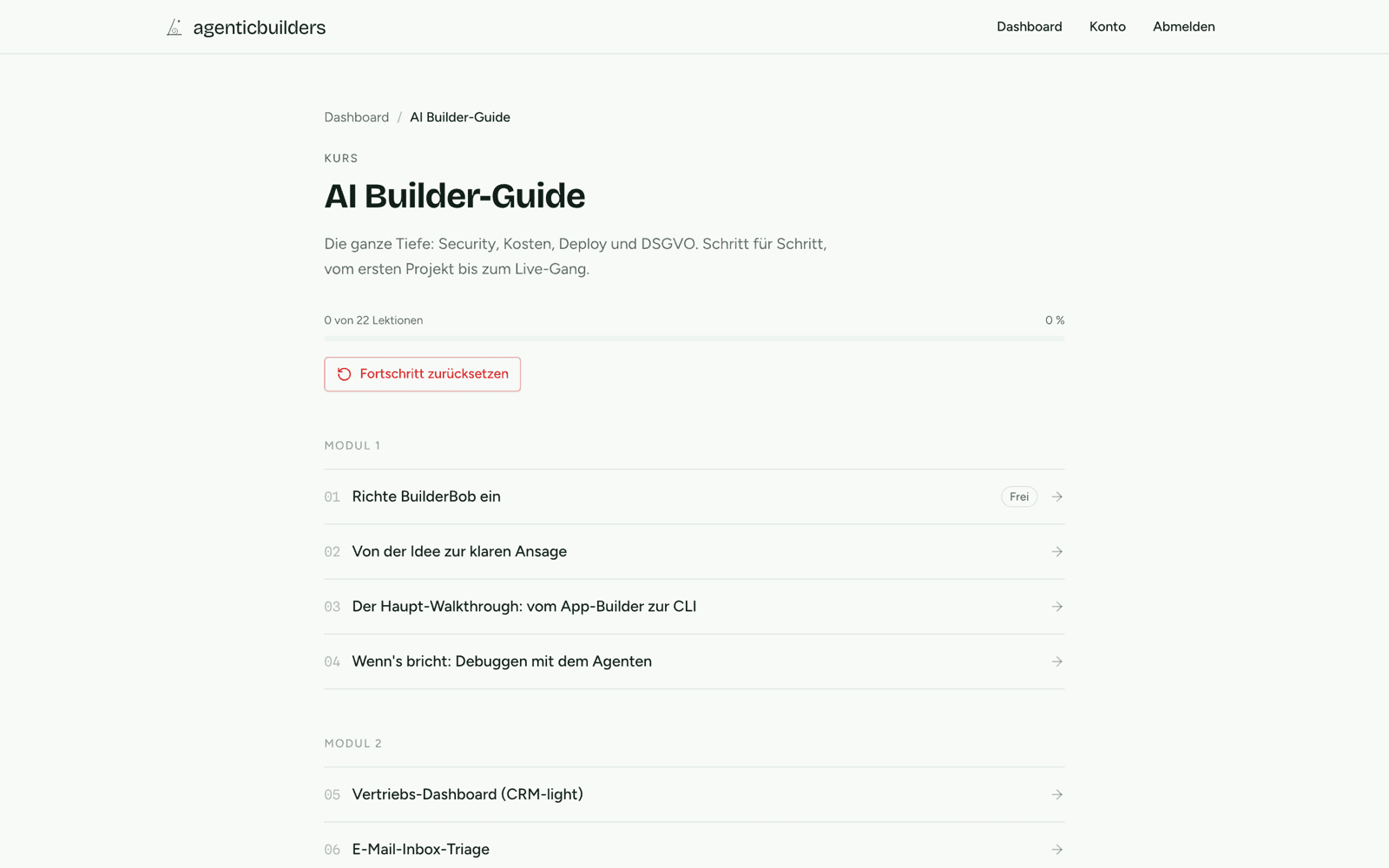 Kursübersicht des AI Builder-Guides im Konto: Fortschrittsbalken, alle 22 Lektionen in Modulen und die erste Lektion frei zugänglich