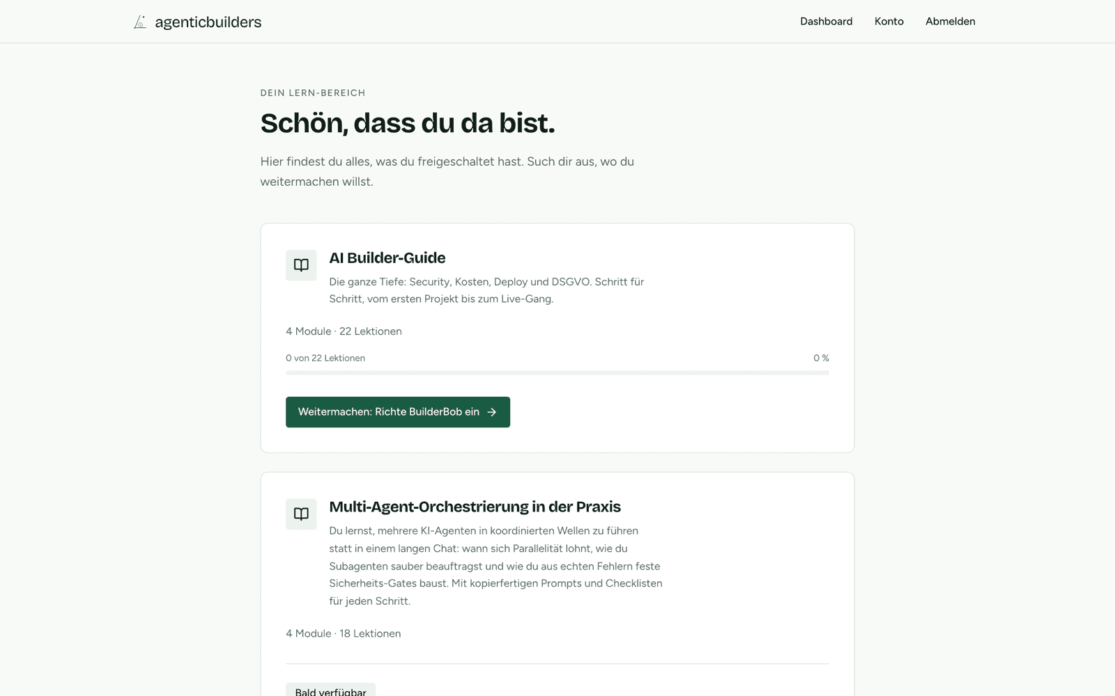 Logged-in platform dashboard with the guide card, progress bar, and a continue button