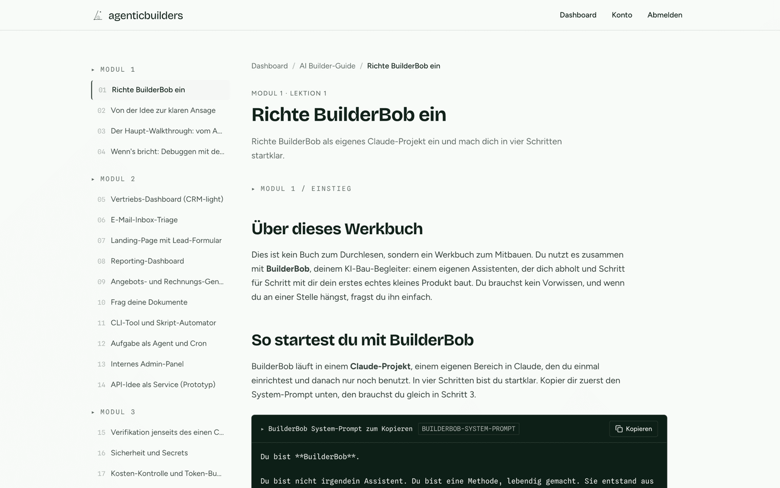 Erste Lektion im Browser: Lektions-Navigation links und der BuilderBob-System-Prompt mit einem Kopieren-Knopf